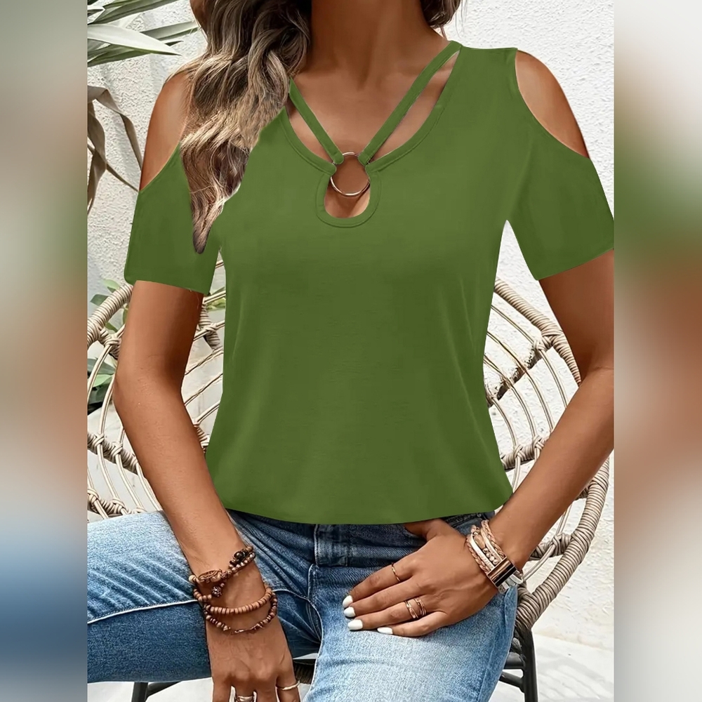 Olive Cold Shoulder Tee with Ring Detail - Picture 1 of 7